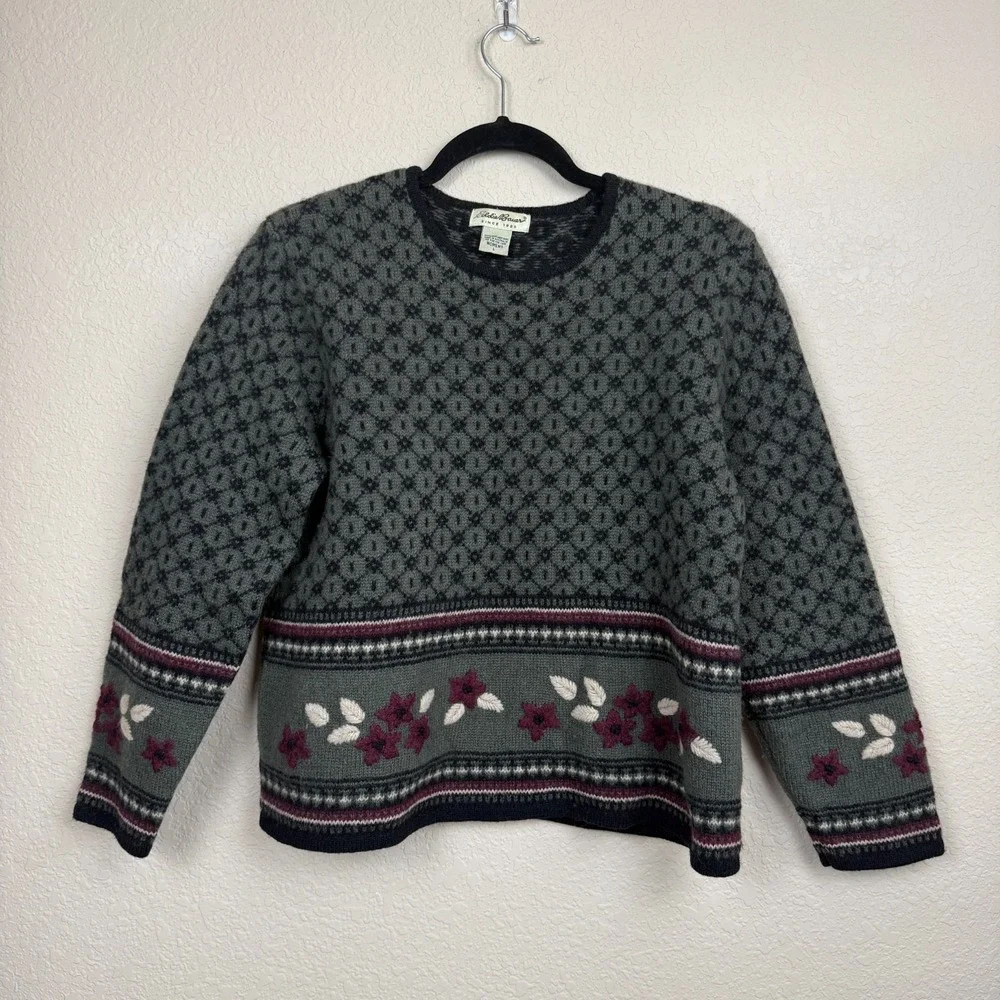 Vtg Eddie Bauer 100% Shetland Wool Women's Sweater Floral Embroidered Cottage L